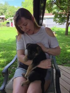 Tug, a black and tan German Shepherd puppy, being held and socialized by his breeder